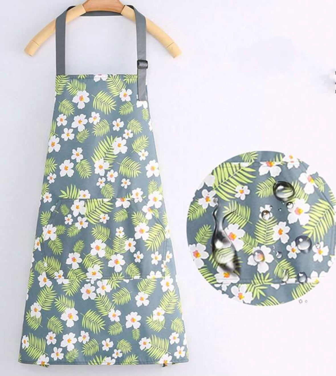 Oil-Proof, Waterproof, Gray, White Flower Apron
