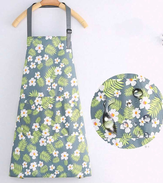 Oil-Proof, Waterproof, Gray, White Flower Apron