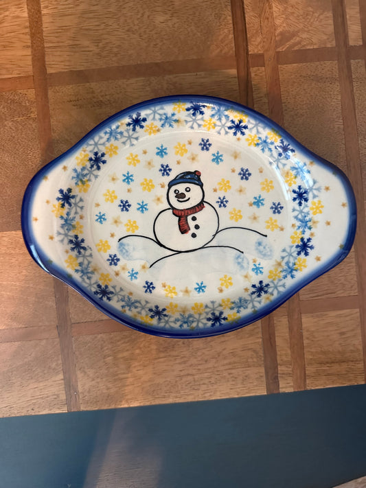 Ceramika Bona Polish Pottery, Delightful Snowfall, Platter with Handles