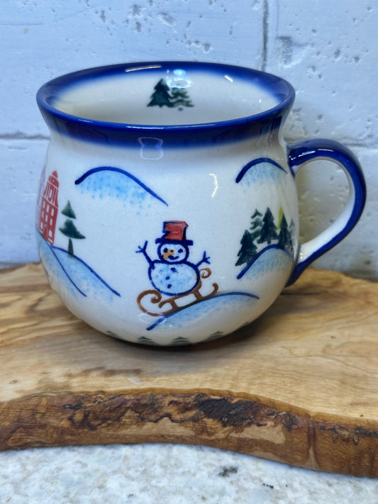 Vena Polish Pottery, Snowman Sleigh Colored Houses, Bubble Mug 16 oz