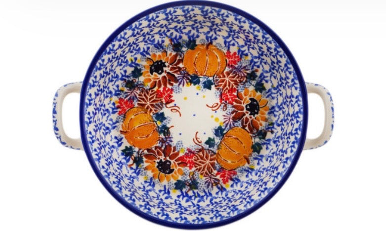 Ceramika Artystyczna, Autumn Falling Leaves,Small Baker with Handles