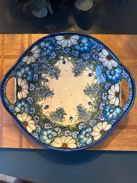 Kalich Polish Pottery, Unikat Art Level 2, Blue Floral Round Baker/Bowl