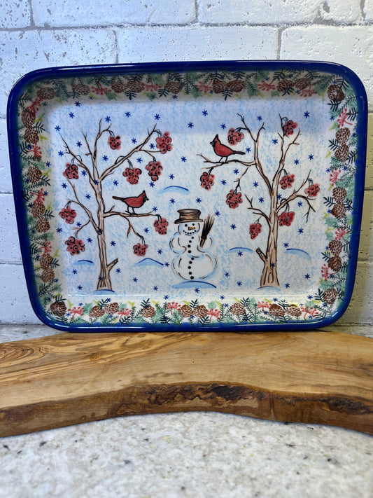 Vena Polish Pottery, Unikat Signature, Little Snowman, Rectangular Baker/Serving Tray