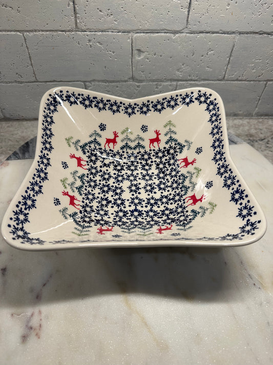 Manufaktura Polish Pottery, Winter Reindeer, Wavy Square Bowl
