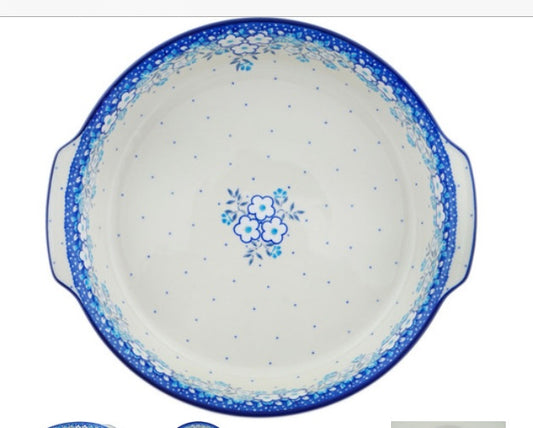 Ceramika Artystyczna Polish Pottery, Unikat Floral Animation, Round Baker with Handles