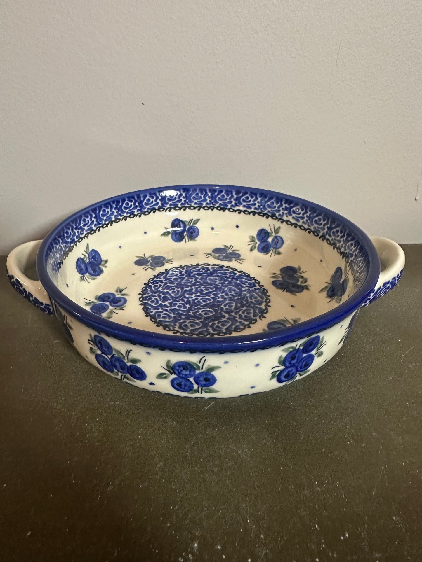 Ceramika Bona, Lovely Blueberries, Round Baker/Bowl w/Handles