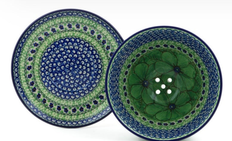 Ceramika Artystyczna,  Green Pansies, Colander with Plate