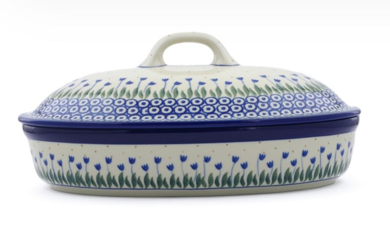 Ceramika Artystyczna, Water Tulip,  Oval Baker with Cover 12"