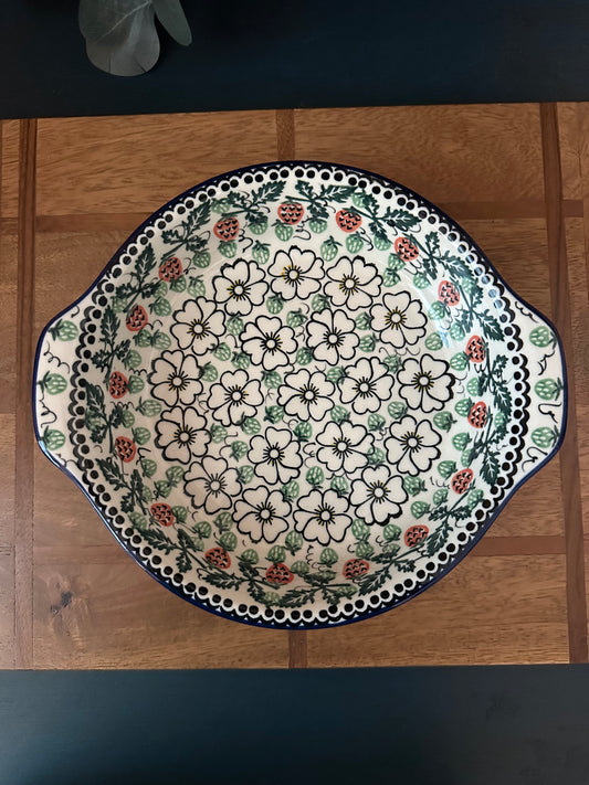 Ceramika Artystyczna Polish Pottery, Unikat 1047, Strawberries & Cream, Round Handled Baker
