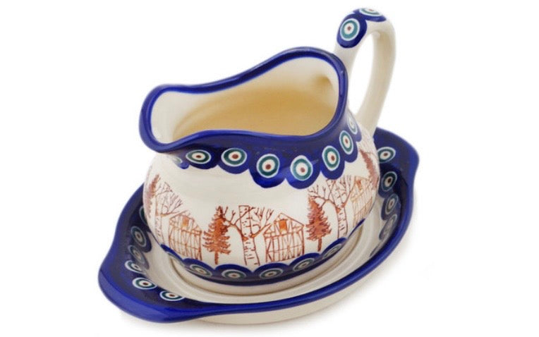 Bona, Blue Eyes Village, Gravy Boat with Saucer.  22 oz.