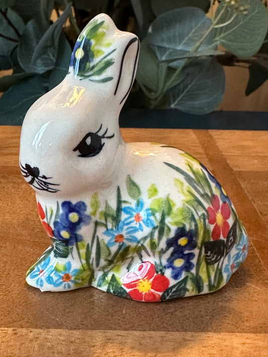 Kalich Polish Pottery, Art Level, Sitting Bunny Red, Purple, & Dark Blue Flower on Head