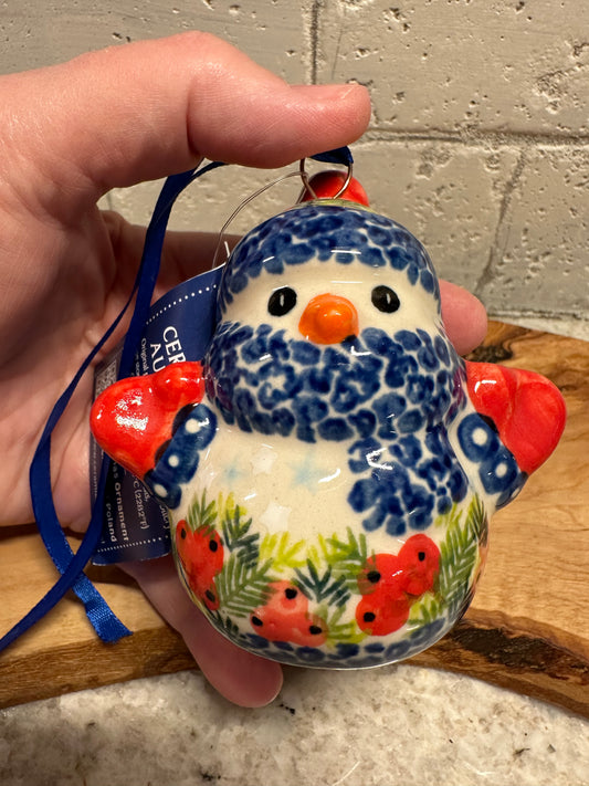 Kalich Polish Pottery, Art Level, Holly Berries, Snowman Ornament