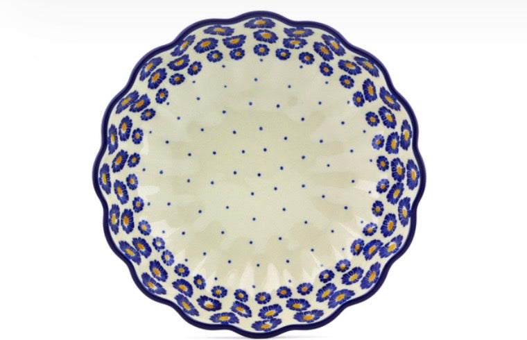 Ceramika Artystyczna, Blue Zinnia, Fluted Bowl. 9.25"