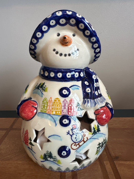 Vena Polish Pottery Snowman Sleigh Colored Houses Carrot Nose Luminary Snowman