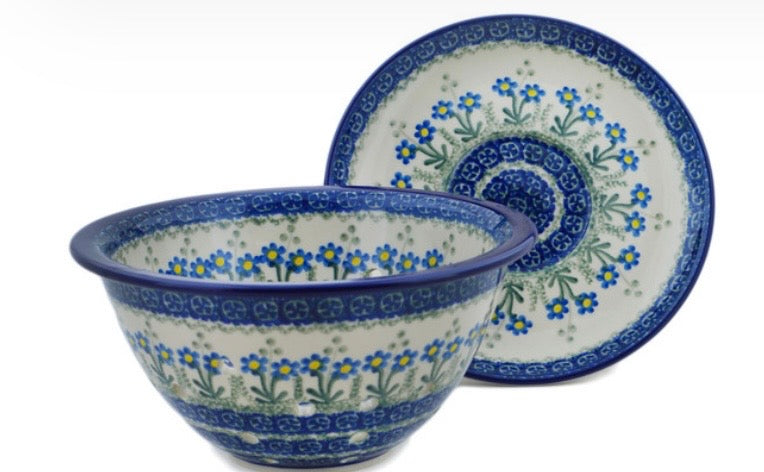 Ceramika Artystyczna, Blue Daisy Circle, Berry Bowl/Colanderl with Plate
