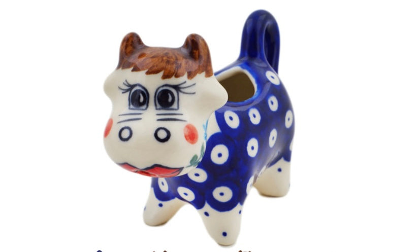 Dalia Polish Pottery, Lovely Blue Eyes, Cow Shaped Creamer, 2.3 oz