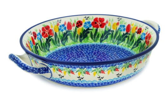Ceramika Artystyczna, Lady Bug Meadow, Medium Round Baker with Handles