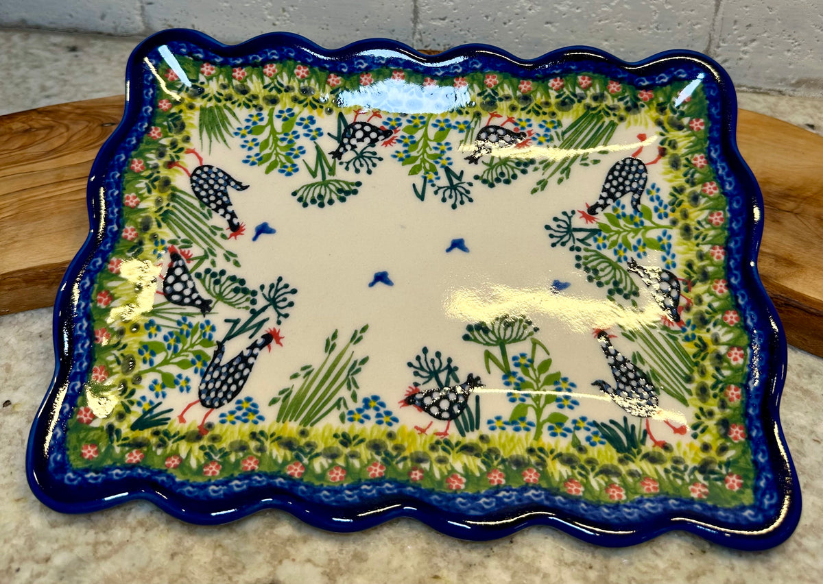 Kalich, A1, Black Polka Chicken, Ruffled Rectangular Platter 9.75"