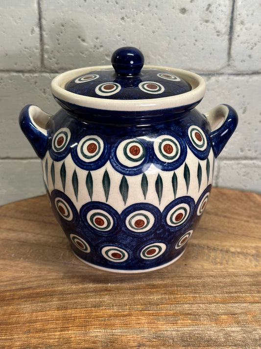 Wiza Polish Pottery, Traditional Peacock Leaves, Covered, Handled Container, Preowned