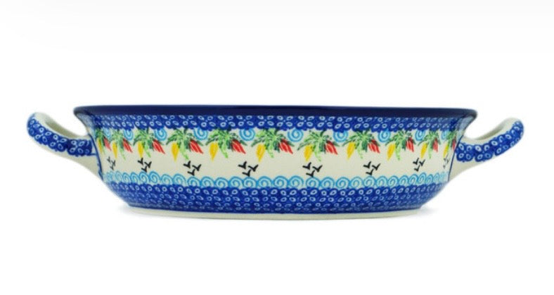Ceramika Artystyczna, Lady Bug Meadow, Medium Round Baker with Handles