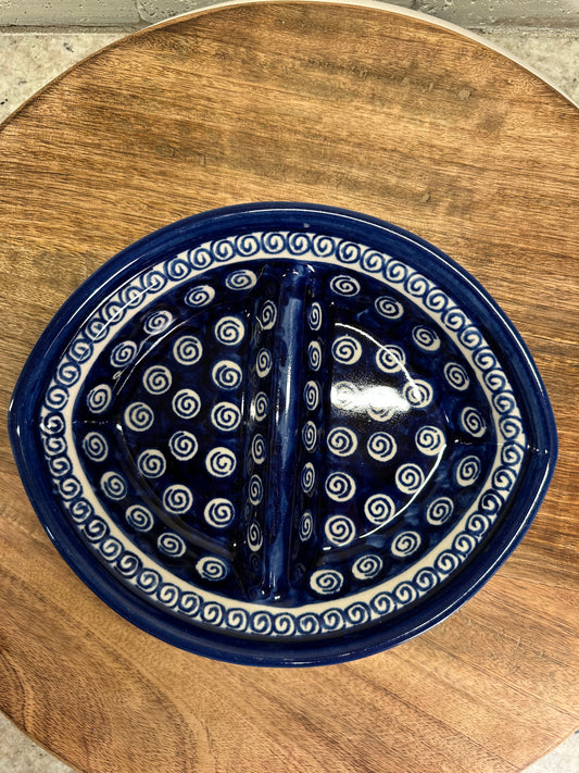 Zaklady Polish Pottery, Traditional Swirls Pattern, Divided Dish, Preowned
