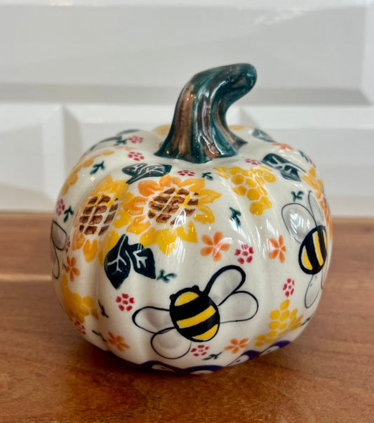 Vena Polish Pottery, Bee Sunflower Medium Pumpkin