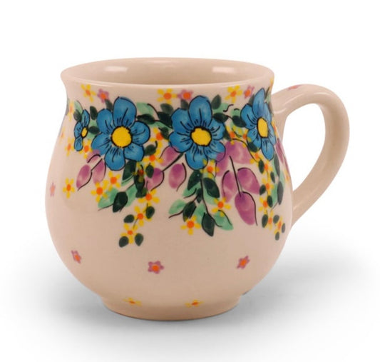 Millena Polish Pottery, Teal & Lavendar Floral Belly Mug
