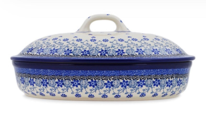 Ceramika Artystyczna, First Snow, Oval Baker with Cover 12"