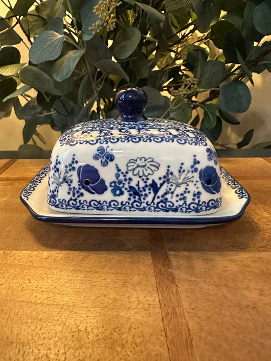 Ceramika Artystyczna Polish Pottery, Blue Poppy with Butterflies Mini Butter Dish