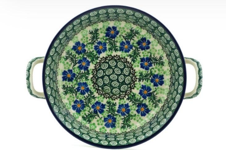 Ceramika Artystyczna, Swirling Emeralds, Medium Round Baker with Handles