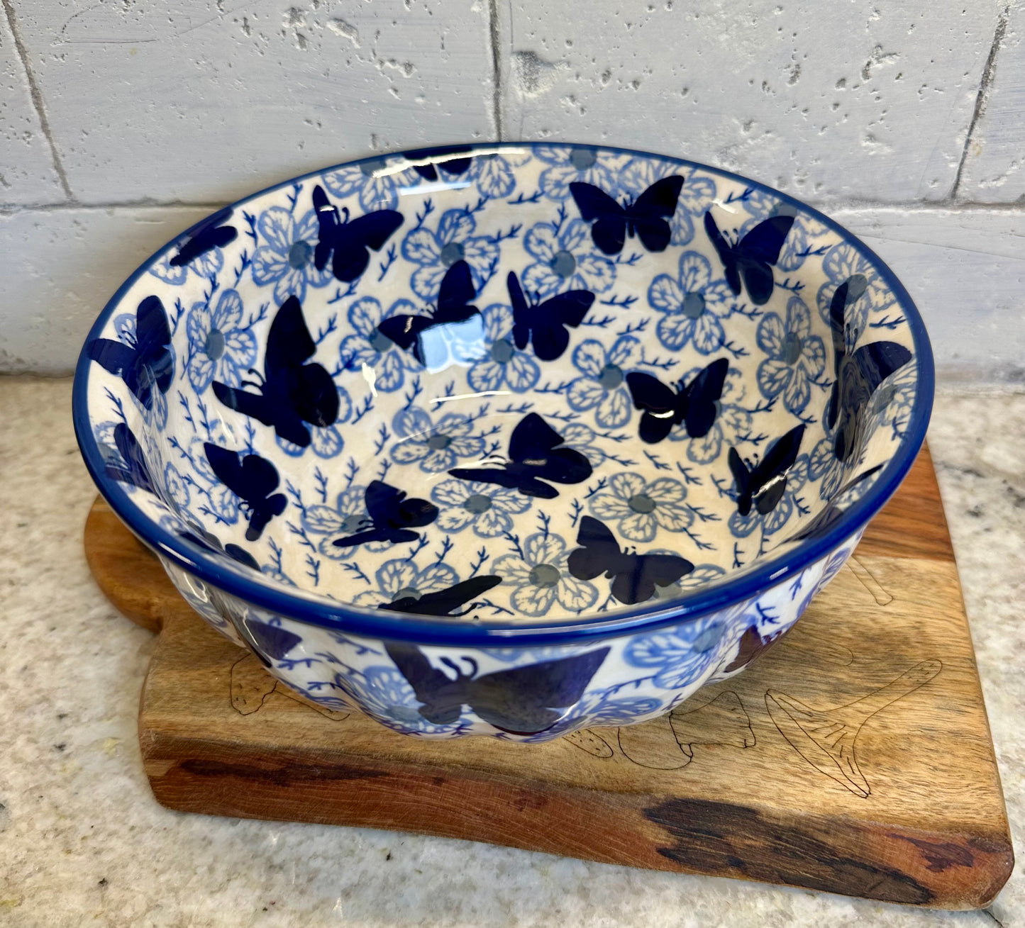 Manufaktura, Blue Butterfly, Scalloped Round Bowl 7.75"