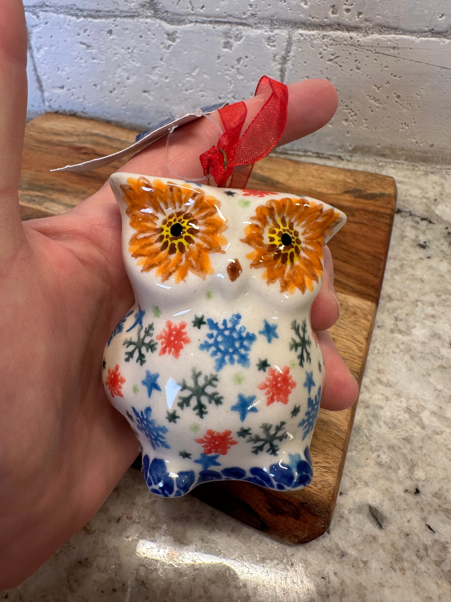 Kalich, Blue/Red Snowflakes, Owl Ornament