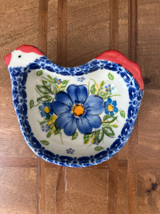 Kalich Polish Pottery, Unikat Art Level 1, Peck & Petal In Blue, Chicken Dish