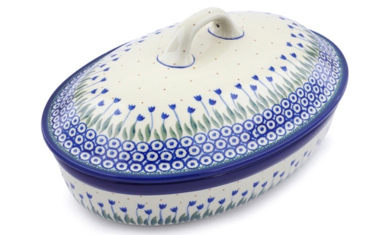 Ceramika Artystyczna, Water Tulip,  Oval Baker with Cover 12"