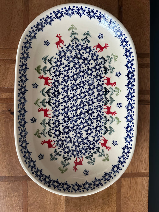 Preowned- Manufaktura Polish Pottery Christmas, Winter, Reindeer, Snowflakes & Trees Oblong, Serving Platter