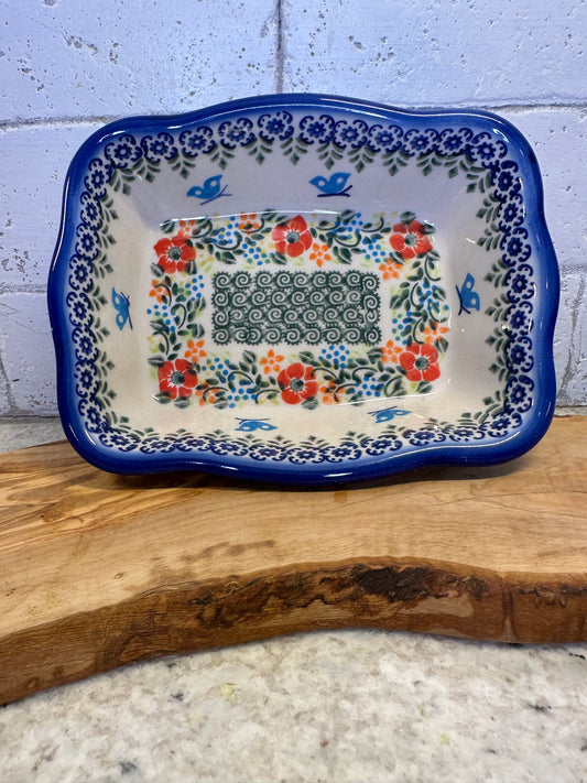 Ceramika Bona Polish Pottery, Unikat Ring Of Meadow Flowers, Rectangular Baker/Serving Dish
