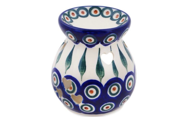 Ceramika Artystyczna Polish Pottery, Traditional Peacock Leaves, Aroma Oil Burner Lamp