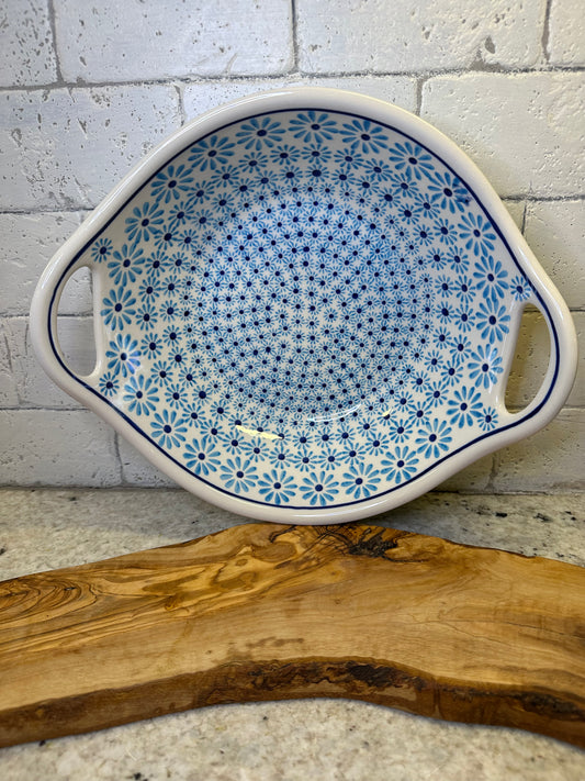 Zaklady Polish Pottery, Blue Daisy Delight, Baker/ Bowl with Handles