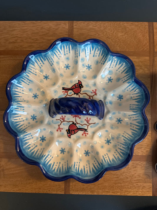9" Egg Plate with Handle. Pattern: Cardinal Chill