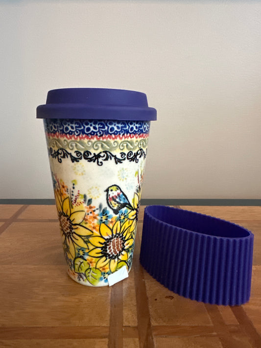 Vena Polish Pottery Sunflower and Bird Thermal Mug Tumbler