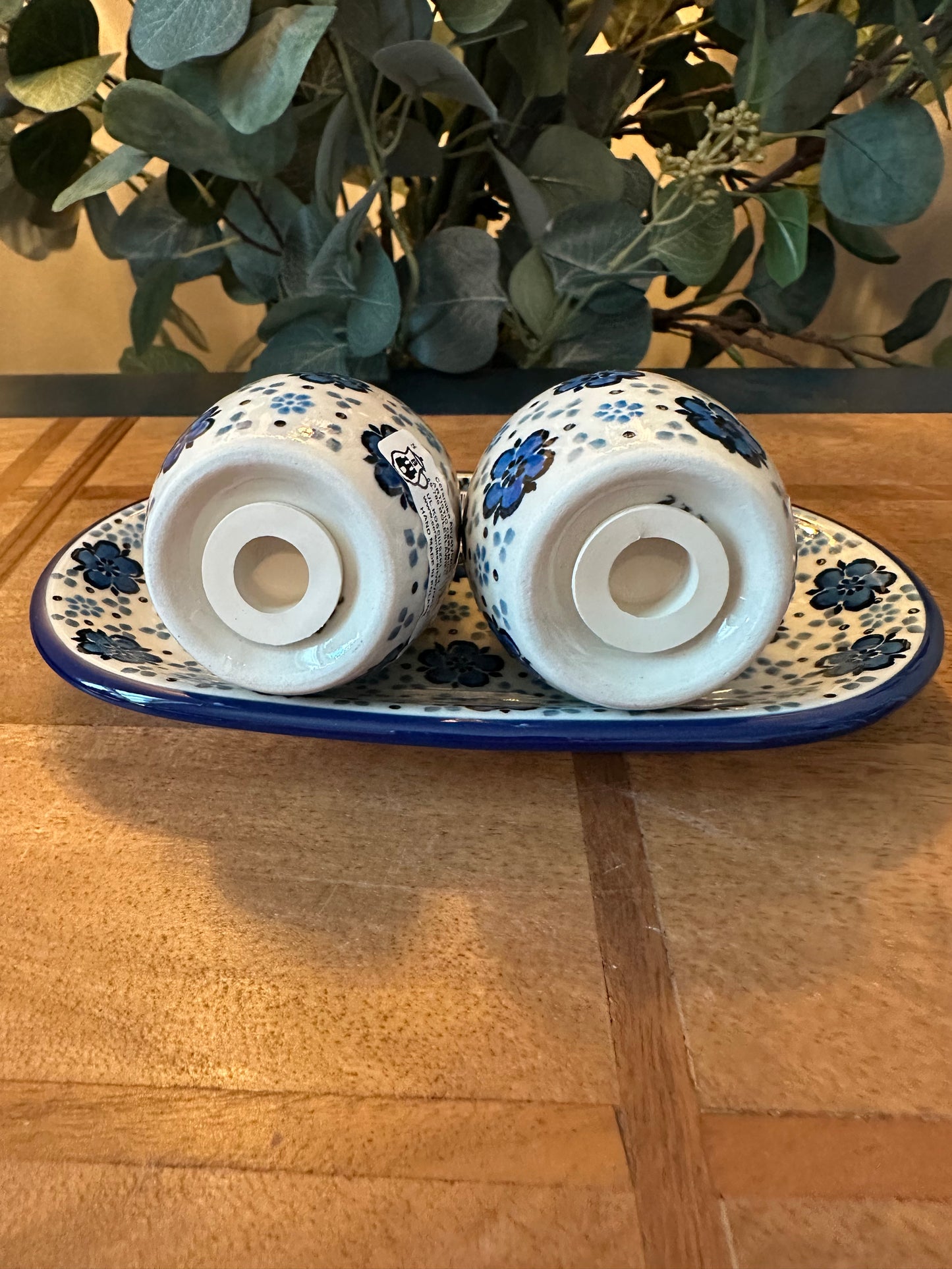 Ceramika Artystyczna Polish Pottery, Flowing Blues, Salt & Pepper 3 Piece Set