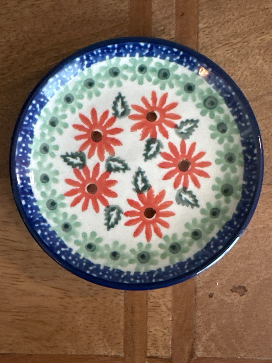 Ceramika Artystyczna Polish Pottery Mini Plate, Coaster, Orange Daisy