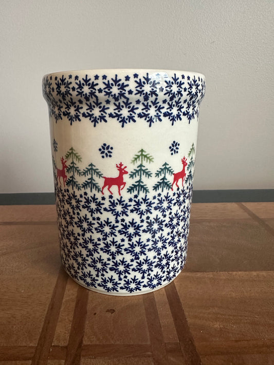 Preowned- Manufaktura Polish Pottery Crock/Utensil Holder, Reindeer Snowflakes & Trees