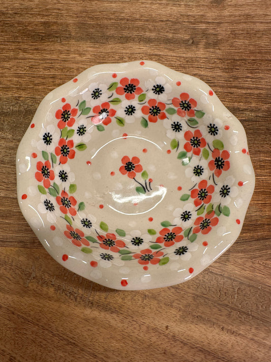 Ceramika Artystyczna Polish Pottery, Pink/White Floral w/White Dots, Scalloped Bowl