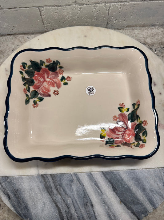 CER-A-NIELA Polish Pottery, Signature Pink Floral, Rectangular Wavy Baker, Preowned