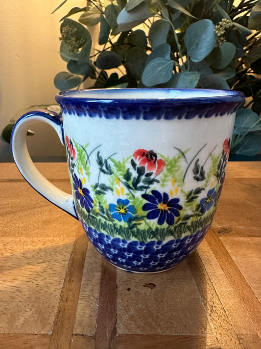 Kalich Polish Pottery, Art Level, Red & Blues Flowers, 16 oz Mug