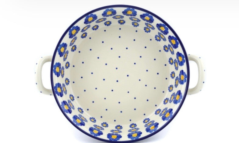 Ceramika Artystyczna, Blue Zinnia, Medium Round Baker with Handles