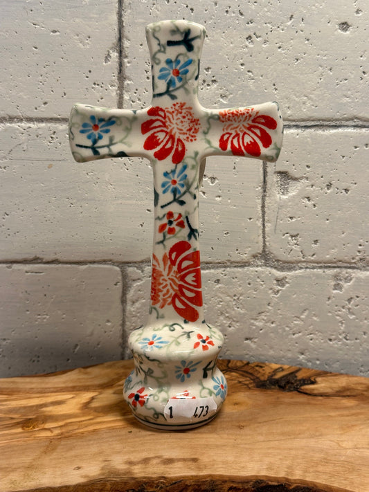 Zaklady Polish Pottery, 7" x 4" Standing Cross, Pattern: Flower Parade