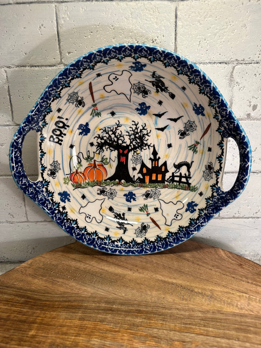 Kalich Polish Pottery, Unikat Halloween, Witches, Ghosts, Haunted House Handled Bowl/Server