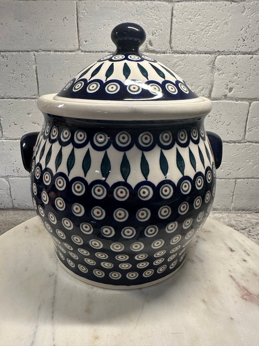 Ceramika Artystyczna Polish Pottery, Traditional Peacock Feather, XL Covered Jar, Preowned